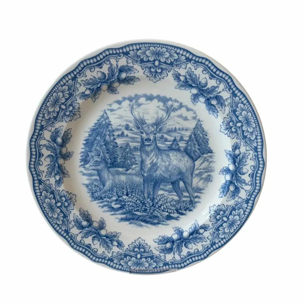 Royal Stafford Homeland STAG Dinner Plates 11in Set of 4 Blue Thanksgiving NEW